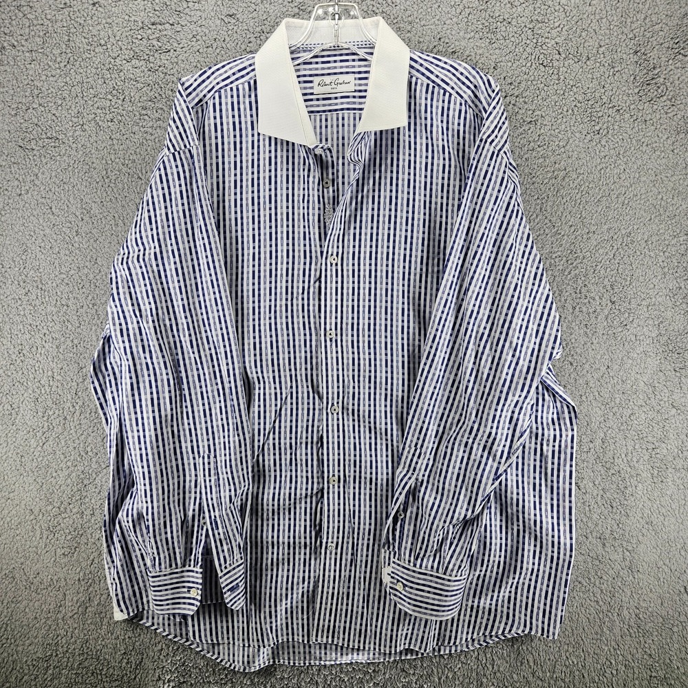 Robert‎ Graham Mens Blue White Striped Dress Shirt White Collar 18.5 47 L XL